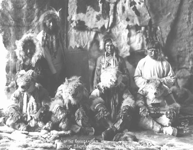 The wolf dance of the Kaviagamutes. The Alaskan Eskimo in ceremonial dance costume. 